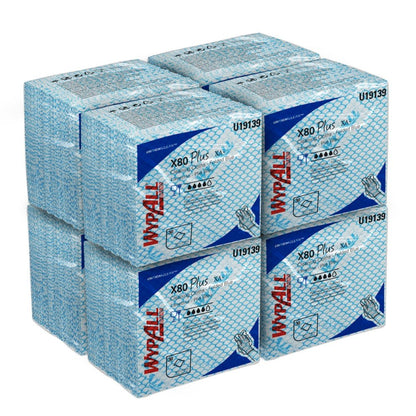 Nyolc csomag WypAll® X80 Plus Critical Clean törlőkendő a Kimberly-Clark GmbH-tól, mindegyik csomag 30 kék, negyedbehajtott lapot tartalmaz egy kék-fehér márkás csomagolásban - tökéletes kritikus környezetekhez.