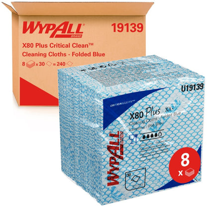 Egy doboz Kimberly-Clark GmbH WypAll® X80 Plus Critical Clean, kék negyedbehajtott kendők kritikus környezetekhez, 8 csomagot tartalmaz, mindegyikben 30 lap (összesen 240 tisztítókendő).