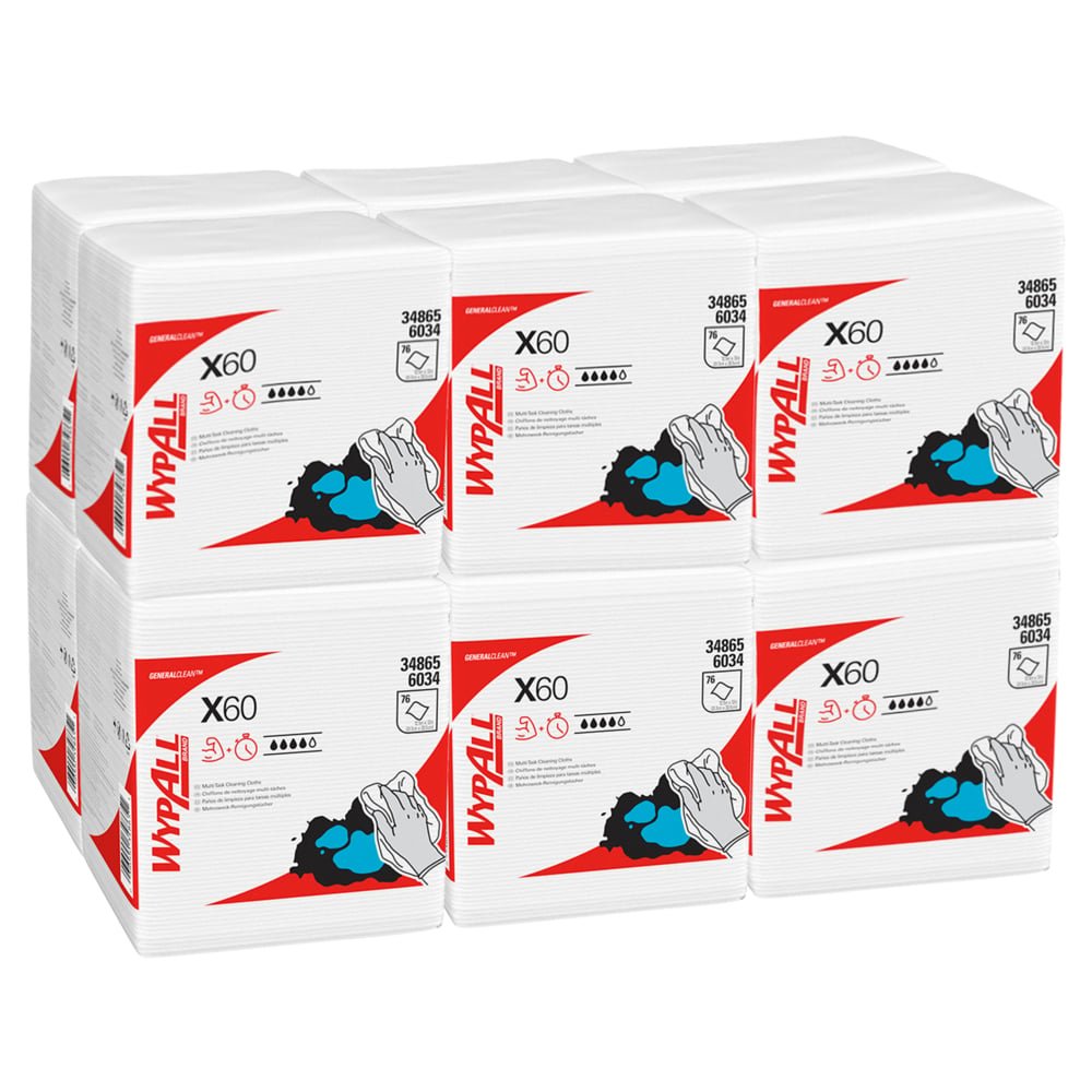 Tizenkét csomag fehér WypAll® X60 General Clean negyedbehajtott törlőkendő a Kimberly-Clark GmbH-tól két sorban van elrendezve. Minden csomag piros és fekete márkajelzéssel, kéztisztítással és kétnyelvű termékinformációkkal van ellátva a hatékony tisztítás érdekében.