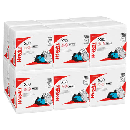 Tizenkét csomag fehér WypAll® X60 General Clean negyedbehajtott törlőkendő a Kimberly-Clark GmbH-tól két sorban van elrendezve. Minden csomag piros és fekete márkajelzéssel, kéztisztítással és kétnyelvű termékinformációkkal van ellátva a hatékony tisztítás érdekében.