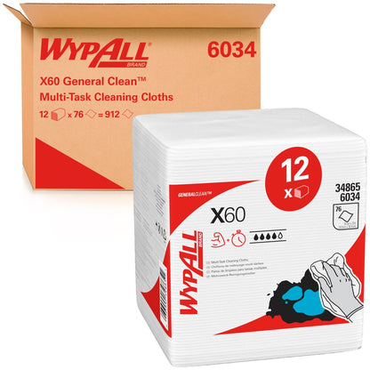 Egy doboz Kimberly-Clark GmbH WypAll® X60 General Clean negyedbehajtott, fehér törlőkendő (12 tasak x 76 darab) látható egyenként csomagolt törlőkendők mögött a nehéz és általános tisztításhoz.