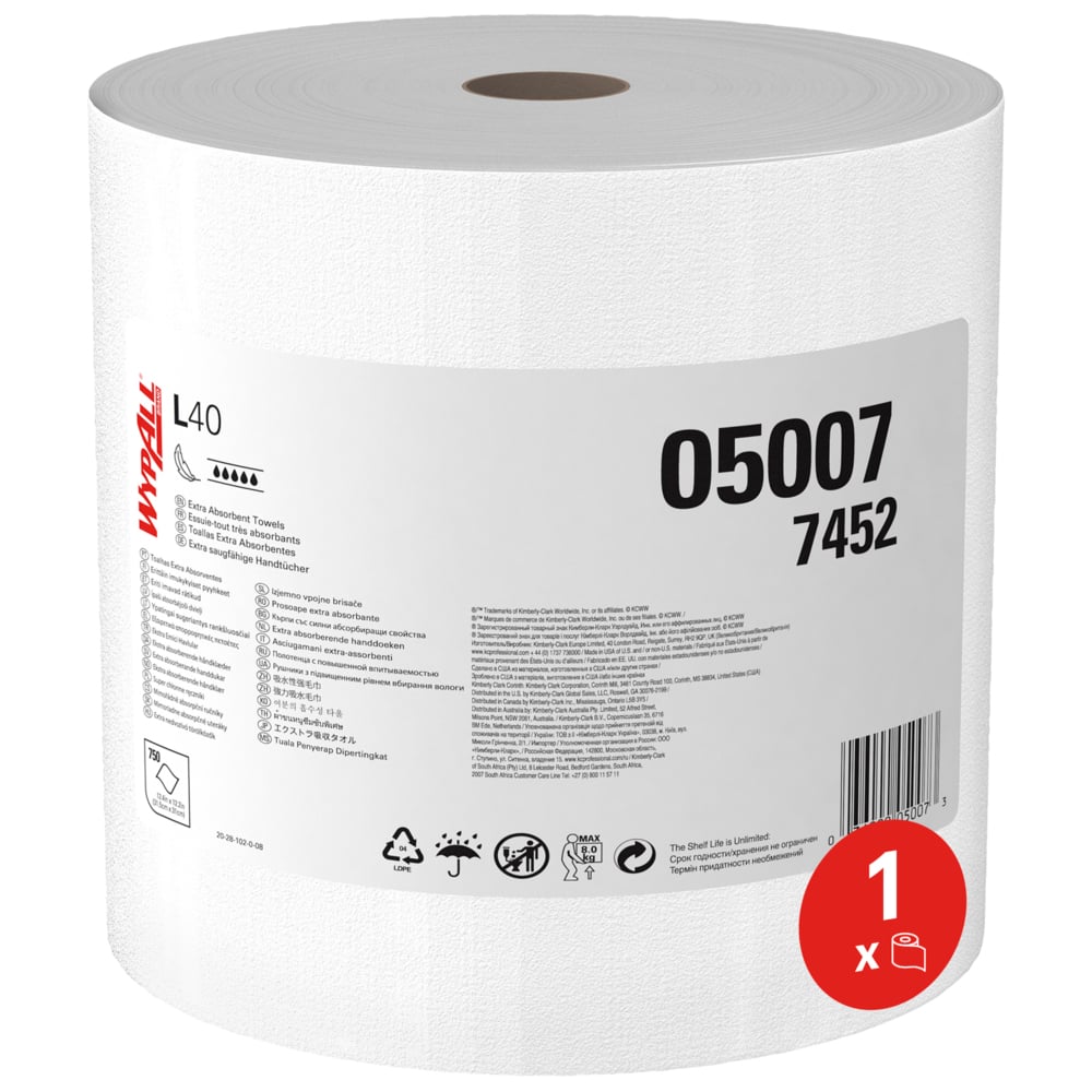 Egy nagy fehér WypAll® L40 PowerClean nagytekercs a Kimberly-Clark GmbH-tól (1 tekercs x 750 lap, karton) a 05007 7452 cikkszámmal, alkalmazási szimbólumokkal és egy piros "1 x" szimbólummal van ellátva, amely kiemeli a magas nedvszívó képességet.