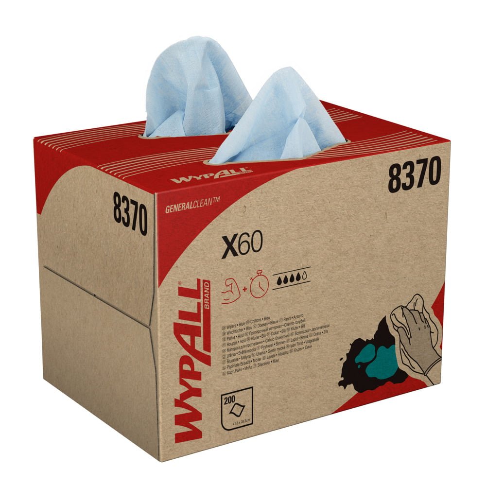 Egy WypAll® X60 General Clean BRAG™ Box a Kimberly-Clark GmbH-tól 200 kék eldobható törlőkendőt tartalmaz (41,80 cm x 28,30 cm) általános tisztításhoz, termékinformációkkal és illusztrációkkal a kartonon.