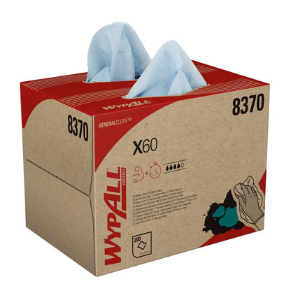 Egy WypAll® X60 General Clean BRAG™ Box a Kimberly-Clark GmbH-tól 200 kék eldobható törlőkendőt tartalmaz (41,80 cm x 28,30 cm) általános tisztításhoz, termékinformációkkal és illusztrációkkal a kartonon.