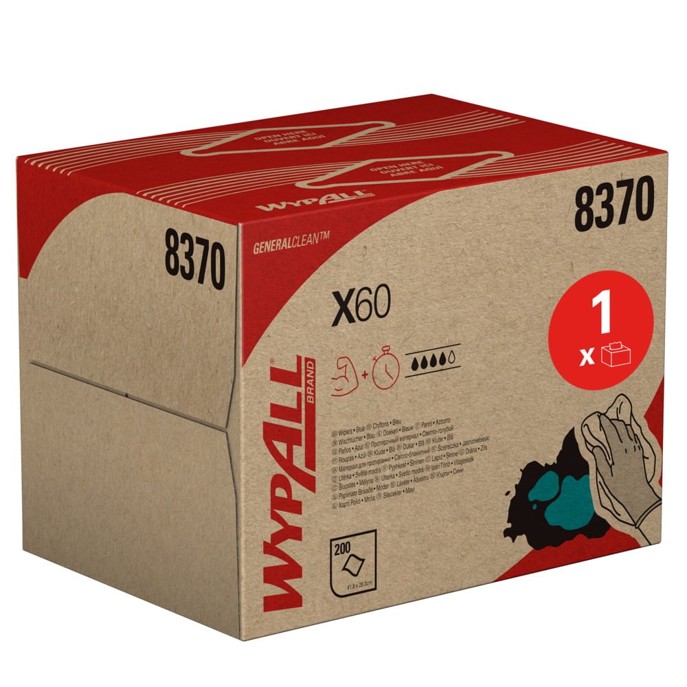A WypAll® X60 General Clean BRAG™ Box a Kimberly-Clark GmbH-tól (41,80 cm x 28,30 cm) 200 törlőkendőt tartalmaz dobozonként, kéz- és vízcsepp grafikával van ellátva, és egy vörösbarna csomagolásban van, amely kiemeli a sokoldalú tisztítást.