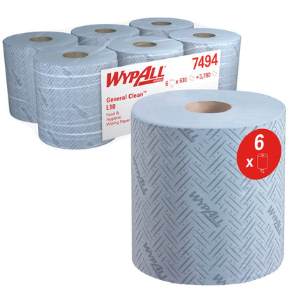 Hat WypAll® L10 papírtörlő hat tekercse élelmiszerhez és higiéniához, középtáplálású a Kimberly-Clark GmbH-tól (6 x 630 lap), egy kék tekercs és csomagolás közelképével. Ideális az élelmiszeripari higiéniai felhasználáshoz.