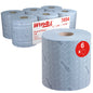 Hat WypAll® L10 papírtörlő hat tekercse élelmiszerhez és higiéniához, középtáplálású a Kimberly-Clark GmbH-tól (6 x 630 lap), egy kék tekercs és csomagolás közelképével. Ideális az élelmiszeripari higiéniai felhasználáshoz.