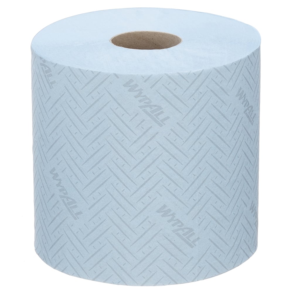 A WypAll® L20 papírtörlő a Kimberly-Clark GmbH-tól egy világoskék törlőruha ipari tisztítási feladatokhoz, praktikus központi adagolási rendszerrel (38,00 cm x 18,30 cm), látható barna maggal.
