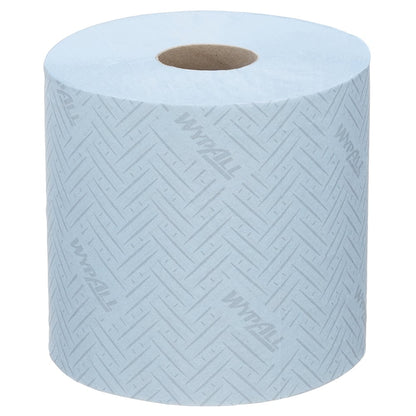 A WypAll® L20 papírtörlő a Kimberly-Clark GmbH-tól egy világoskék törlőruha ipari tisztítási feladatokhoz, praktikus központi adagolási rendszerrel (38,00 cm x 18,30 cm), látható barna maggal.