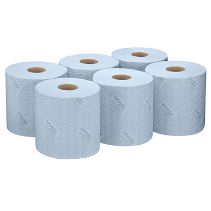 Hat WypAll® L20 papírtörlő ipari tisztítási feladatokhoz - központi adagolás (38,00 cm x 18,30 cm) a Kimberly-Clark GmbH-tól, két hármas sorban elrendezve, mindegyik látható barna kartonközéppel, egyszínű fehér háttéren.