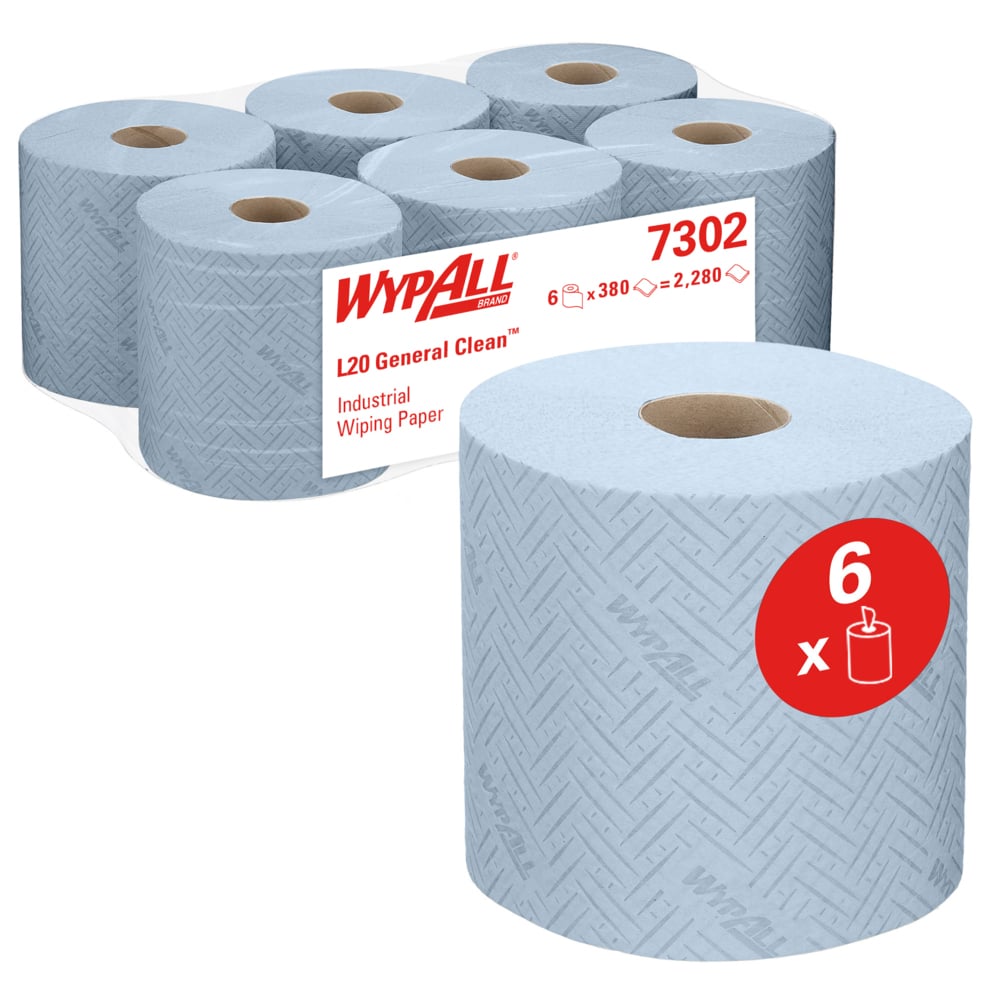 A képen hat kék WypAll® L20 papírtörlő látható ipari tisztítási feladatokhoz a Kimberly-Clark GmbH-tól, elöl egy és hátul öt csomagolva központi adagoláshoz. Egy piros címke jelzi, hogy a csomag 6 tekercset tartalmaz (38,00 x 18,30 cm).