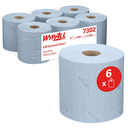 A képen hat kék WypAll® L20 papírtörlő látható ipari tisztítási feladatokhoz a Kimberly-Clark GmbH-tól, elöl egy és hátul öt csomagolva központi adagoláshoz. Egy piros címke jelzi, hogy a csomag 6 tekercset tartalmaz (38,00 x 18,30 cm).
