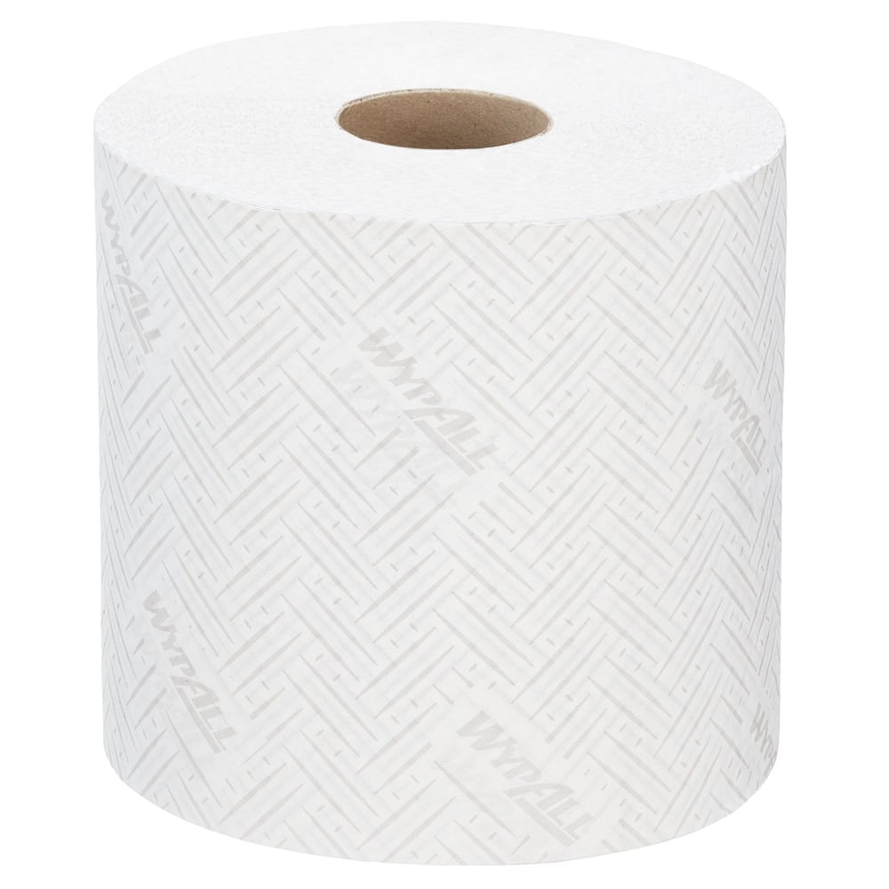 Egyetlen WypAll® L20 papírtörlő tekercs a Kimberly-Clark GmbH-tól (38,00 cm x 18,30 cm) ipari tisztítási feladatokhoz, finom mintával és "WYPALL" felirattal, használatlanul látható fehér háttéren.