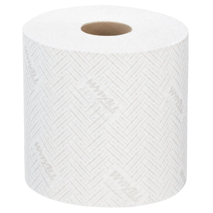 Egyetlen WypAll® L20 papírtörlő tekercs a Kimberly-Clark GmbH-tól (38,00 cm x 18,30 cm) ipari tisztítási feladatokhoz, finom mintával és "WYPALL" felirattal, használatlanul látható fehér háttéren.
