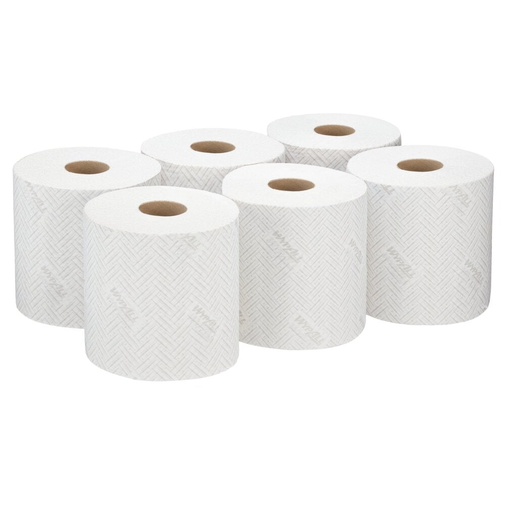 Hat fehér WypAll® L20 papírtörlő tekercs a Kimberly-Clark GmbH-tól (38×18,3 cm) két sorban elrendezve - tökéletes központi adagoláshoz és alkalmas ipari tisztítási feladatokhoz.
