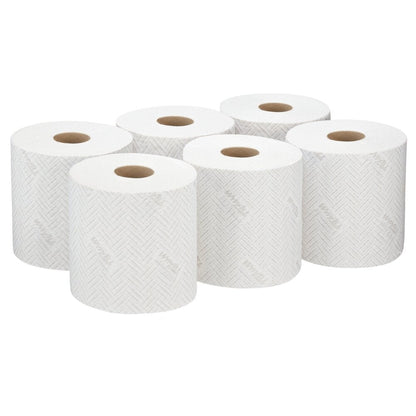 Hat fehér WypAll® L20 papírtörlő tekercs a Kimberly-Clark GmbH-tól (38×18,3 cm) két sorban elrendezve - tökéletes központi adagoláshoz és alkalmas ipari tisztítási feladatokhoz.