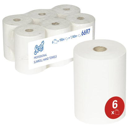 Hat Scott® Slimroll™ kéztörlő a Kimberly-Clark GmbH-tól helytakarékosan átlátszó fóliába csomagolva. A nedvszívó kéztörlő 6-os csomag piros szimbólummal látható - tökéletes professzionális alkalmazásokhoz.