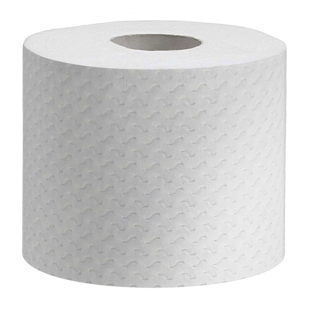 Egyetlen Kleenex® WC-papír tekercs a Kimberly-Clark GmbH-tól, 160 lappal és struktúrált, hullámos felülettel, egyszínű fehér háttér előtt ábrázolva.