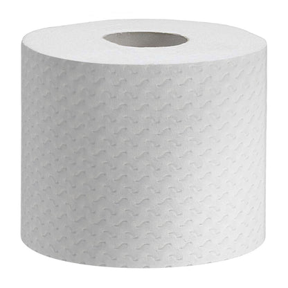 Egyetlen Kleenex® WC-papír tekercs a Kimberly-Clark GmbH-tól, 160 lappal és struktúrált, hullámos felülettel, egyszínű fehér háttér előtt ábrázolva.