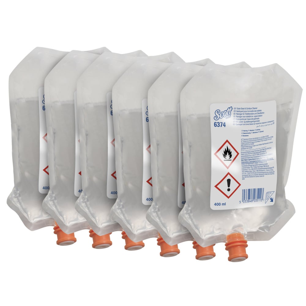 Hat átlátszó 400 ml-es Scott® WC-ülőke és egyéb felületek tisztítószer adagoló tasak a Kimberly-Clark GmbH-tól, mindegyik narancssárga kupakkal és biztonsági címkével ellátva, áttekinthetően elrendezve egy 6 tasakos kartondobozban.