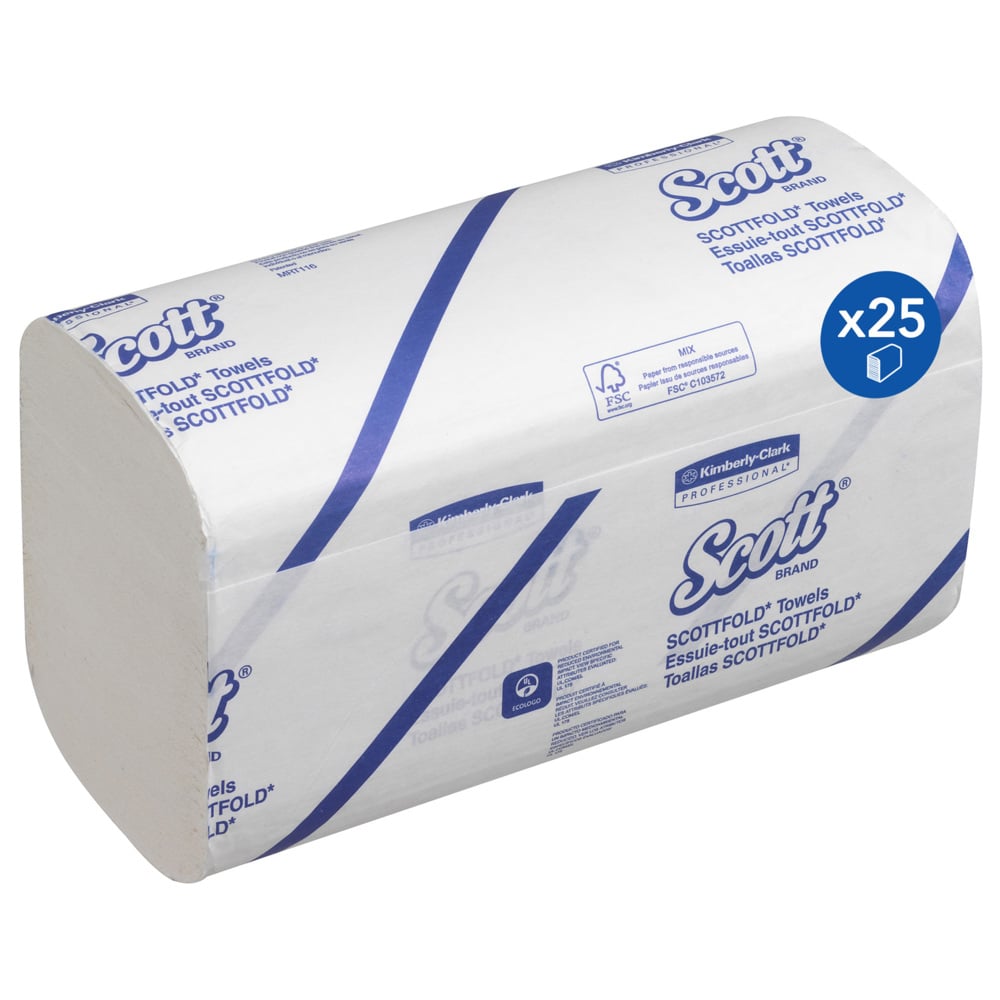 Egy karton Kimberly-Clark Scott® SCOTTFOLD* kéztörlő, fehér, közepes, 25 csomag, mindegyik 175 lapot tartalmaz; ideális hatékony kézszárításhoz. Fehér/kék csomagolás angol és spanyol nyelvű termékinformációkkal.
