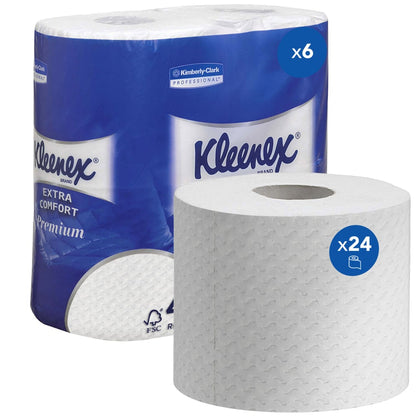 Egy csomag Kleenex® WC-papír a Kimberly-Clark GmbH-tól 6 csomagot tartalmaz, mindegyikben 4 fehér tekercs (160 lap/tekercs); prémium WC-papír a legmagasabb kényelemért.