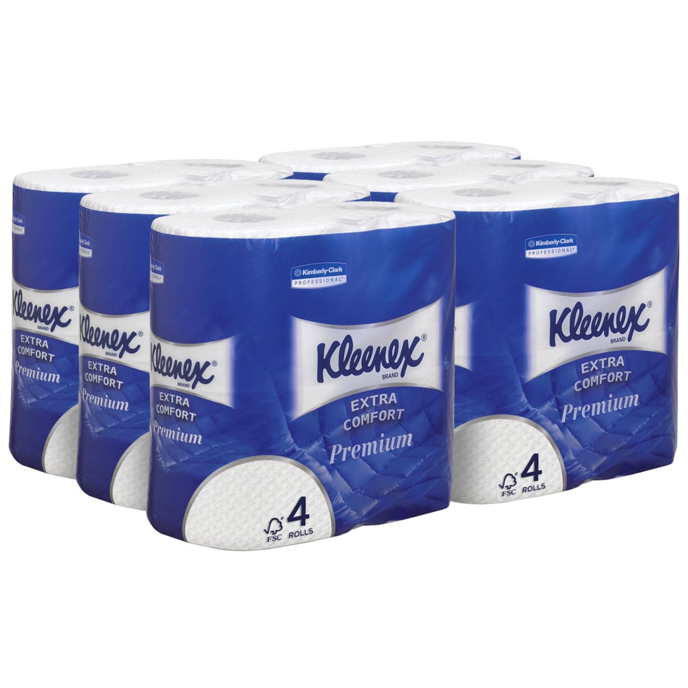 Hat csomag Kleenex® WC-papír tekercs a Kimberly-Clark GmbH-tól, mindegyikben 4 kis fehér tekercs és 160 lap tekercsenként, két sorban elrendezve. A kék-fehér karton elején tiszta termék-branding látható.