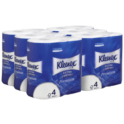 Hat csomag Kleenex® WC-papír tekercs a Kimberly-Clark GmbH-tól, mindegyikben 4 kis fehér tekercs és 160 lap tekercsenként, két sorban elrendezve. A kék-fehér karton elején tiszta termék-branding látható.