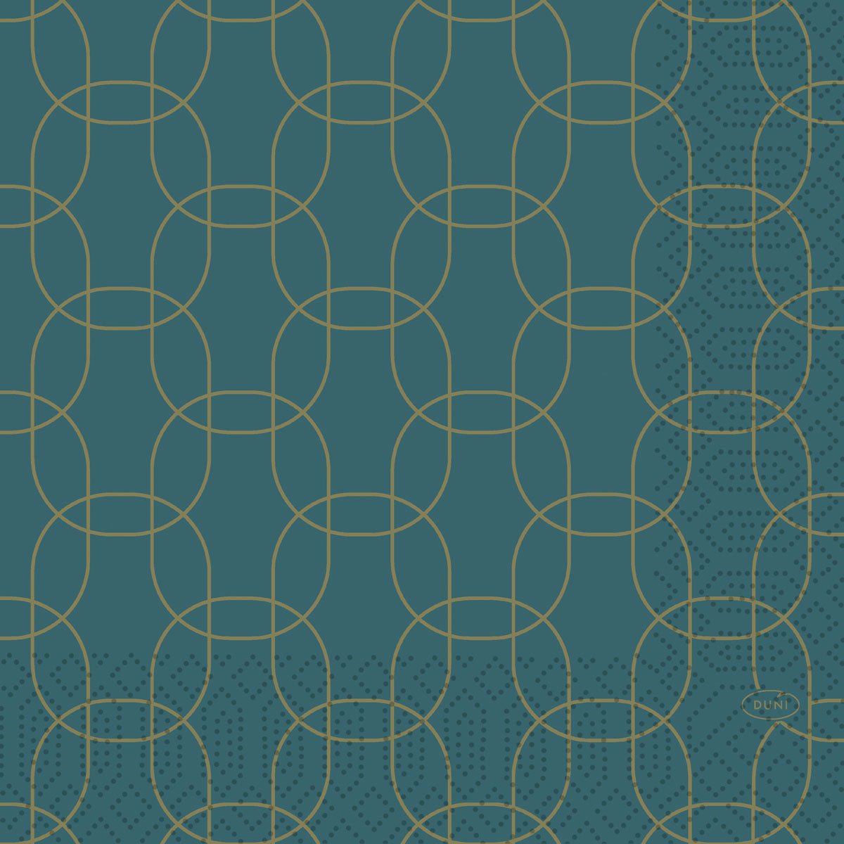A 33x33 cm-es, 3-rétegű, Golden Deco szalvéták a Duni GmbH-tól tealszínű háttérrel rendelkeznek, átfedő arany körökkel és oválisokkal, pontozott akcentussal a jobb alsó sarokban, valamint egy kis "DUNI" felirattal - ideális ünnepi alkalmakra. Csomag (50 darab).