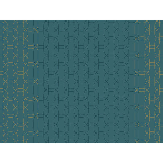Ein tealfarbener Hintergrund mit überlappenden dünnen goldenen und dunkelblauen geschwungenen Linien erzeugt einen eleganten abstrakten Look. Goldene Deko-Akzente verzieren die Seiten - perfekt für Duni GmbH Papier-Tischsets 30x40 cm mit goldenem Dekor (250 Stück).
