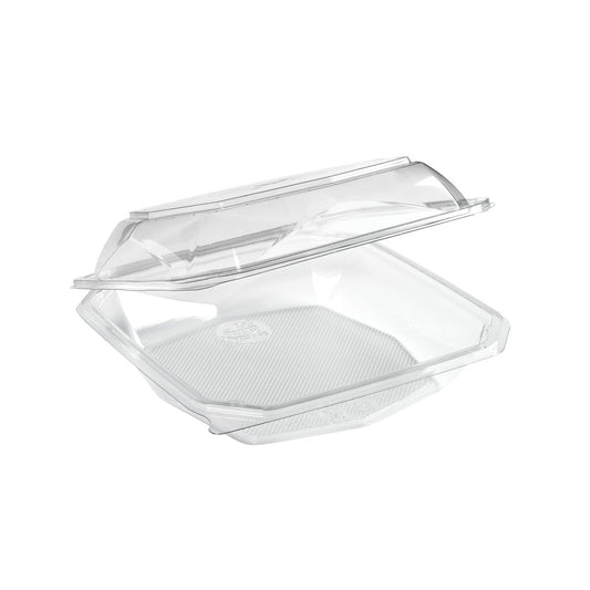 Der Duni GmbH rPET Octaview® 400 ml transparente Lebensmittelbehälter (125x125x80 mm), offen und leer auf weißem Hintergrund dargestellt, ist eine nachhaltige Verpackungsoption. Die Packung enthält 400 Stück.