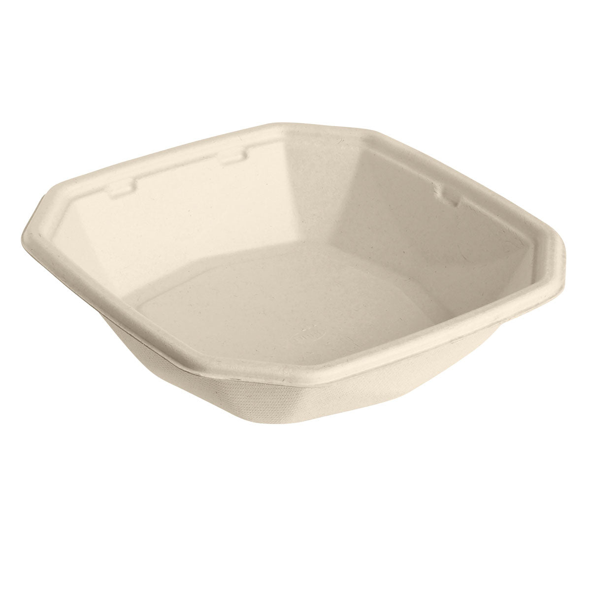 A Duni GmbH Octabagasse tál 650 ml barna bagaszból (183x183x42 mm, bevonat nélküli) fenntartható eldobható edényként szolgál, és üresen áll fehér háttér előtt. Csomagolási egység: 50 darab.