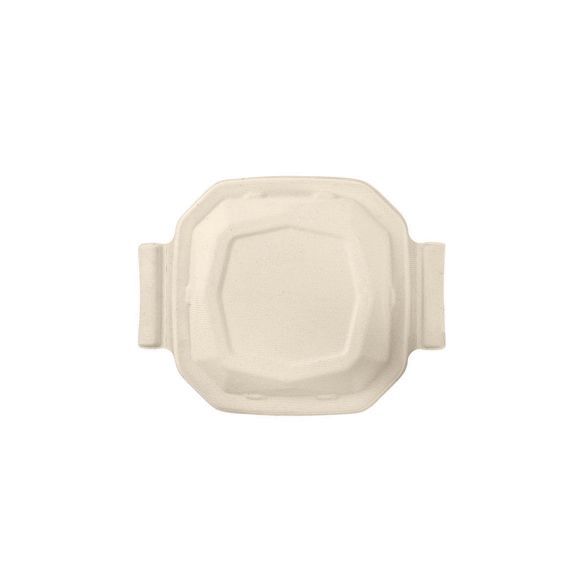 Barna, nyolcszögletű, egyszer használatos élelmiszertároló tartály Octabagasse fedéllel 650/900 ml (244x192x32 mm) a Duni GmbH-tól, két téglalap alakú oldalsó fogantyúval, fehér alapon felülről ábrázolva. Csomag 50 darabbal.