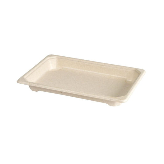 Das Duni GmbH Sushi & Deli Tray Small ist ein braunes, rechteckiges Bagasse PLA beschichtetes Tray (184x128x22 mm) für umweltfreundliche Verpackungen, abgebildet auf weißem Hintergrund. Packung: 100 Stück.