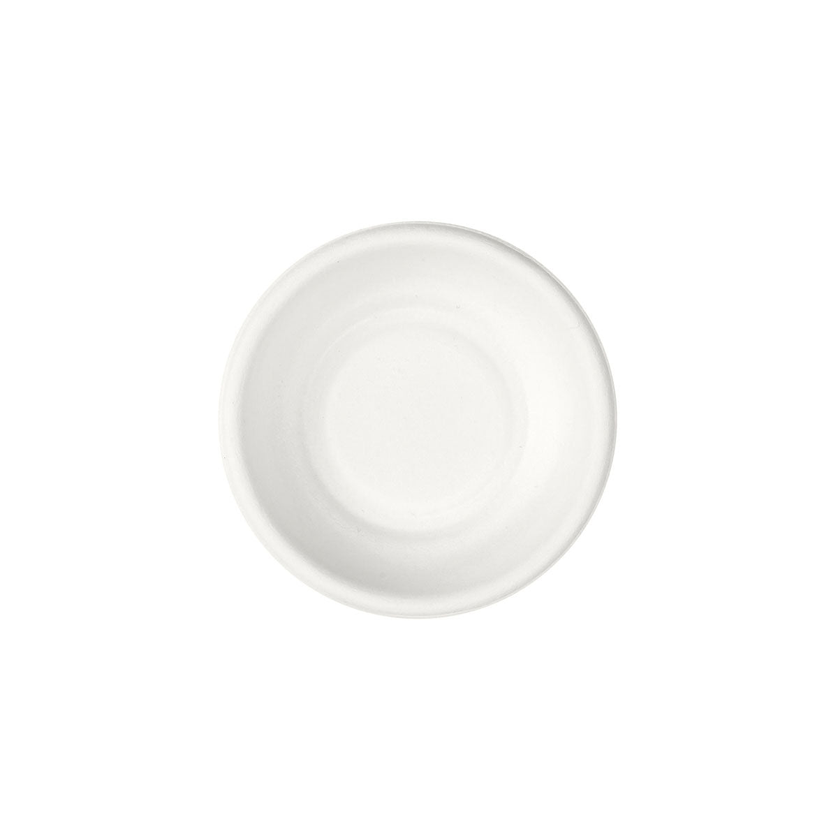 Egy kerek, bevonat nélküli fehér bagasse desszerttányér (Tányér Demo kerek ø 77 mm) a Duni GmbH-tól, felülről nézve fehér alapon. Csomagolás: 120 darab.