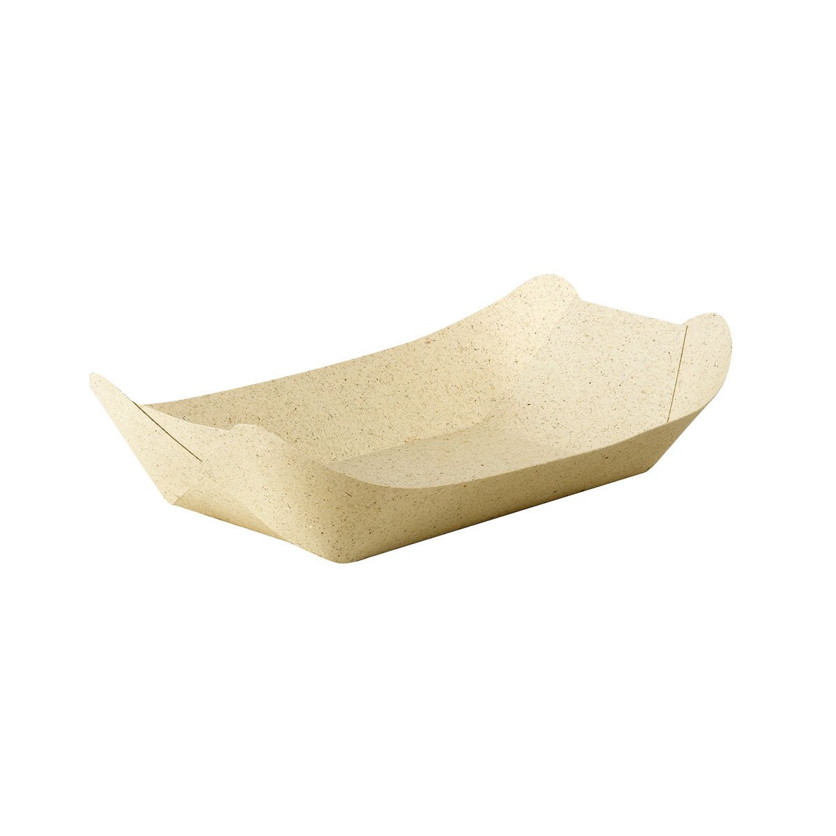 A Bloom Tray Medium a Duni GmbH-tól egy bevonat nélküli természetes fűpapír élelmiszertálca (230x140x60 mm), környezetbarát, enyhén megemelt szélekkel, 500 darabos csomagolásban. Fehér háttéren ábrázolva.