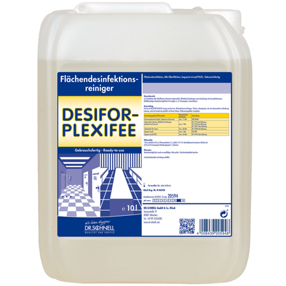 Egy 10 literes műanyag tartály a DR.SCHNELL Desifor PlexiFee Felülettisztítószer, korlátozottan virucid PLUS termékével, kék-fehér címkével, amely termékinformációkat, alkalmazási útmutatókat és biztonsági figyelmeztetéseket tartalmaz.