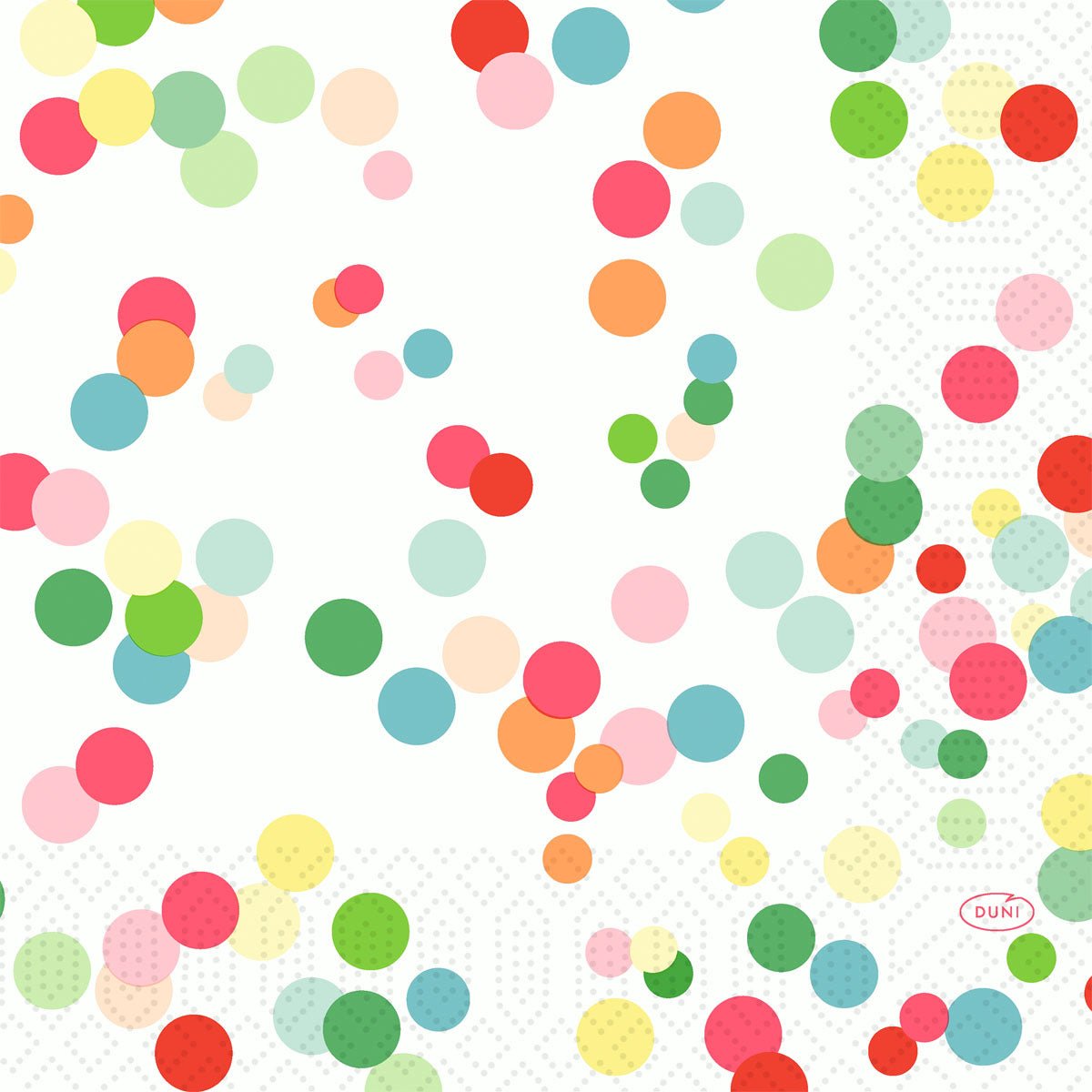 Ezek a 33x33 cm-es, 3 rétegű Zellt.-szalvéták a Duni GmbH Happy Bubbles kollekciójából színes, egymást átfedő zöld, piros, rózsaszín, narancssárga és sárga pontokat mutatnak. Az 50 darabos szalvétacsomagolás mindegyikén piros színnel van rányomtatva a "Duni" felirat, és egy gyenge rácsos háttérrel van ellátva.