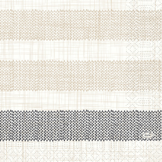 Ein Raster aus kleinen Punkten bildet drei horizontale Streifen - zwei in hellbeige, einer in dunkelgrau - auf diesen hochwertigen Zellt.-Serv.33 3lg 1/4 Rigato, schwarze Servietten der Duni GmbH (250er-Pack). Das DUNI-Logo befindet sich rechts unten.