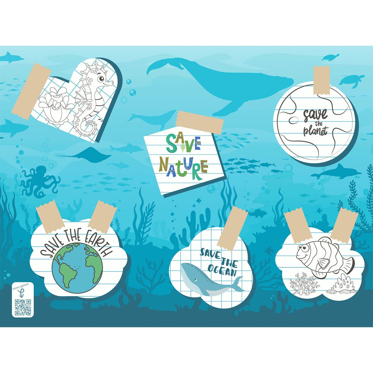 Egy víz alatti jelenet bálnákkal, halakkal és algákkal, valamint környezeti témák színezéshez. 30x40 cm-es papírterítők "Save the Ocean" a Duni GmbH-tól (250 darabos csomag) támogatják az újrahasznosított anyagokat és a környezetbarát egyszer használatos edényeket.