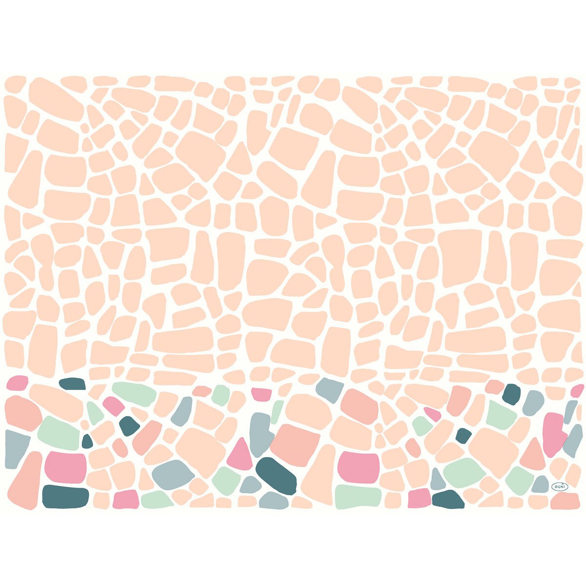 A Duni GmbH Bio-Dunicel szettjei 30x40 Ocean Pebbles absztrakt dizájnt mutatnak lekerekített barackformákkal és élénk rózsaszín, zöld, kék és szürke akcentusokkal fehér alapon. Tökéletes dekoratív asztalterítőknek. 100 darabos csomag.