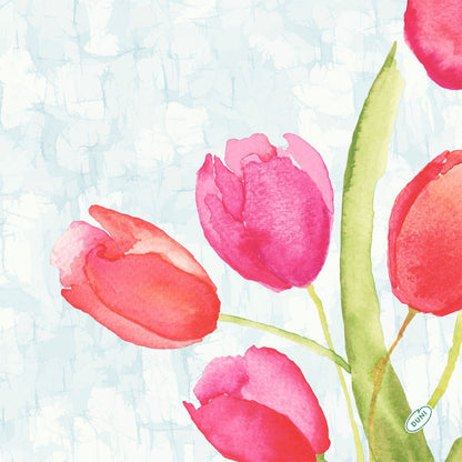 Akvarell illusztráció négy rózsaszín és piros tulipánról zöld szárakkal világoskék háttéren, tökéletes a Duni GmbH 40x40 cm-es Bio-Dunisoft szalvétájához.