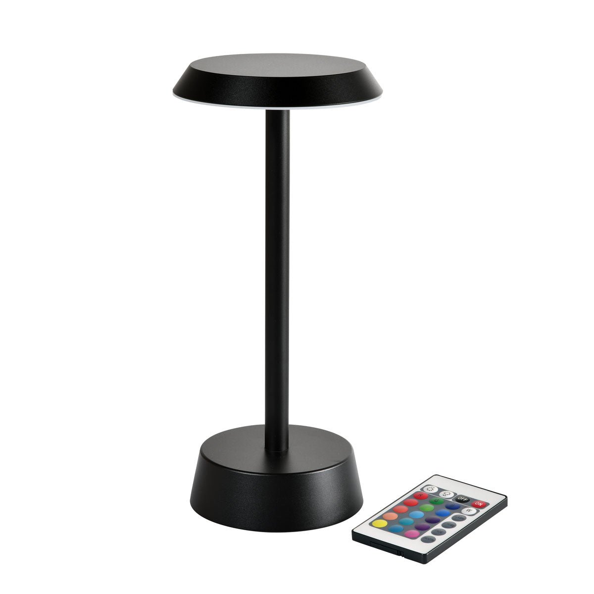 Die NOUR Kabellose LED-Lampe in Graphit von Duni GmbH, mit modernem Design und rundem Sockel, wird neben einer Fernbedienung mit bunten Tasten gezeigt-perfekt für Ihre Wohnzimmerdekoration.