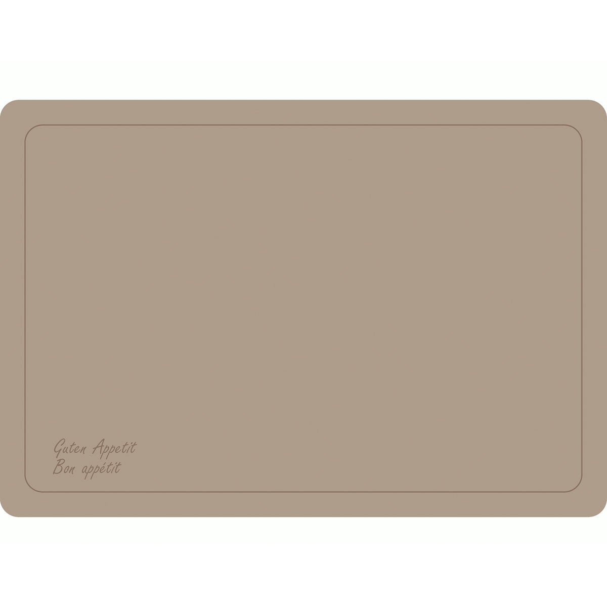 Das Dunicel-Sets 33x48cm Guten Appetit greige von Duni GmbH ist ein rechteckiges Tischset mit abgerundeten Ecken, zweizeiligem Rand und "Guten Appetit Bon appétit" in Schreibschrift - perfekt für 500 Stück Einweg-Bestecksets.