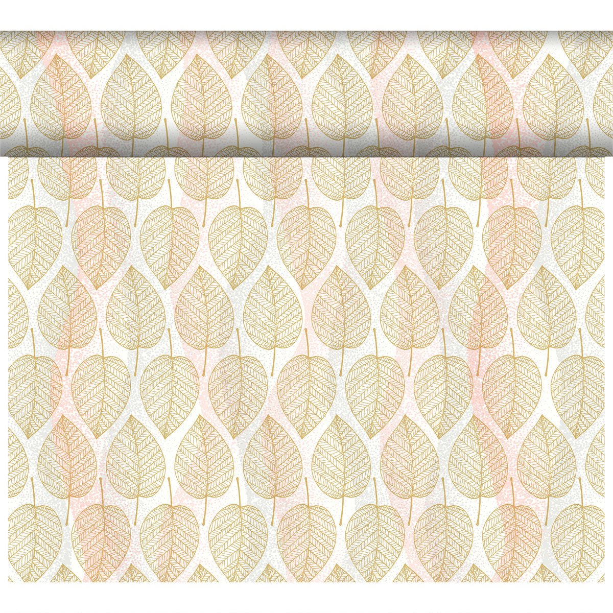 A Duni GmbH Bio-Dunicel Tete-a-Tete asztali futó 0,4x24m ismétlődő levélmintával rendelkezik arany, narancs és bézs színekben, világos alapon, amelyek függőleges sorokban vannak elrendezve, környezettudatos és stílusos hangulatot kölcsönözve a térnek.