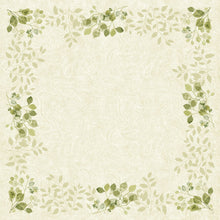 Ein hellbeiger Hintergrund mit einem dezenten Paisley-Muster und grünen Paisley-Blättern an jeder Ecke erinnert an den umweltfreundlichen Charme der Bio-Dunicel-Mitteldecke 84x84cm (20 Stück) der Duni GmbH, biologisch abbaubar und stilvoll für jede Umgebung.