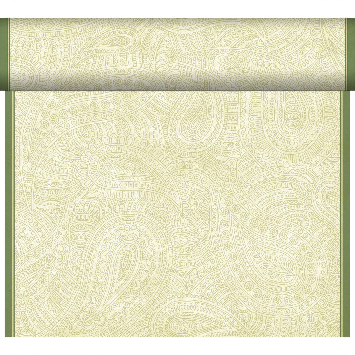 Egy tapétatekercs világoszöld és krémszínű paisley mintával, zöld függőleges szegélyekkel körülvéve, ideális a Duni GmbH Bio-Dunicel Tete-a-Tete asztali futó 0,4x24m kombinálására.