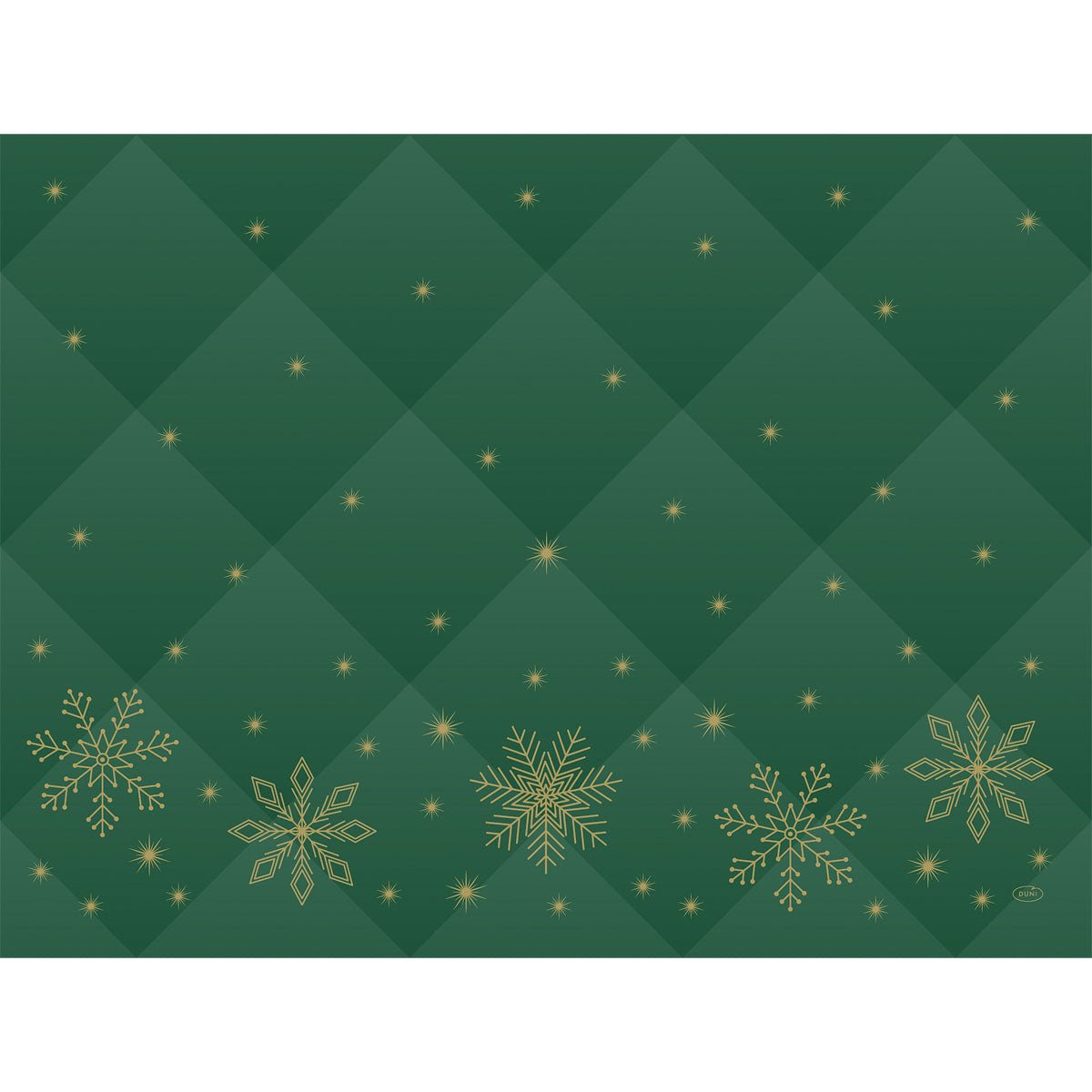 Hozzon eleganciát az asztalára a Duni GmbH 30x40 cm-es Rhombus zöld papír asztalterítőkkel. Steppelt rombuszmintával, arany hópelyhekkel és finom arany csillagokkal - főleg az alsó szélén. A csomag 250 darabot tartalmaz.
