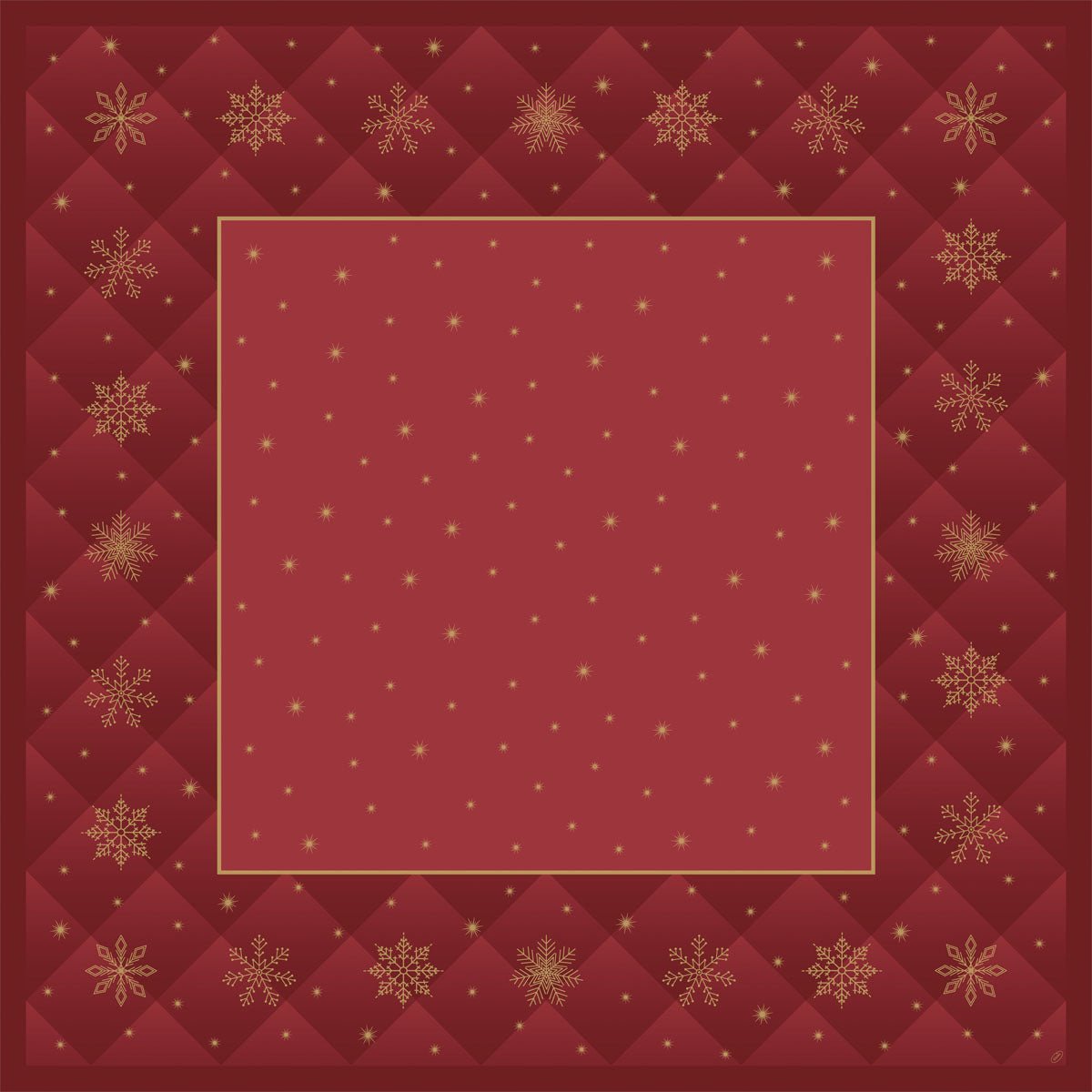 Egy piros négyzet arany szegéllyel és karácsonyi hópelyhekkel - ideális arra, hogy a Duni GmbH Bio-Dunicel középső terítékét 84x84cm Rhombus bordó (20 darab) fenntartható asztalterítőként használja az ünnepekre.