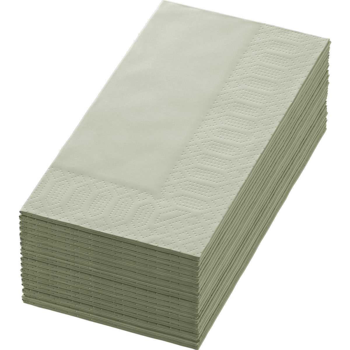 Egy csomag 250 kiváló minőségű pisztáciazöld szalvétával Zellt.Serv.40x40 3lg 1/8 BF. a Duni GmbH-tól, mindegyik 40x40 cm-es dekoratív dombornyomással, áttekinthetően egy sík felületen fekszik.